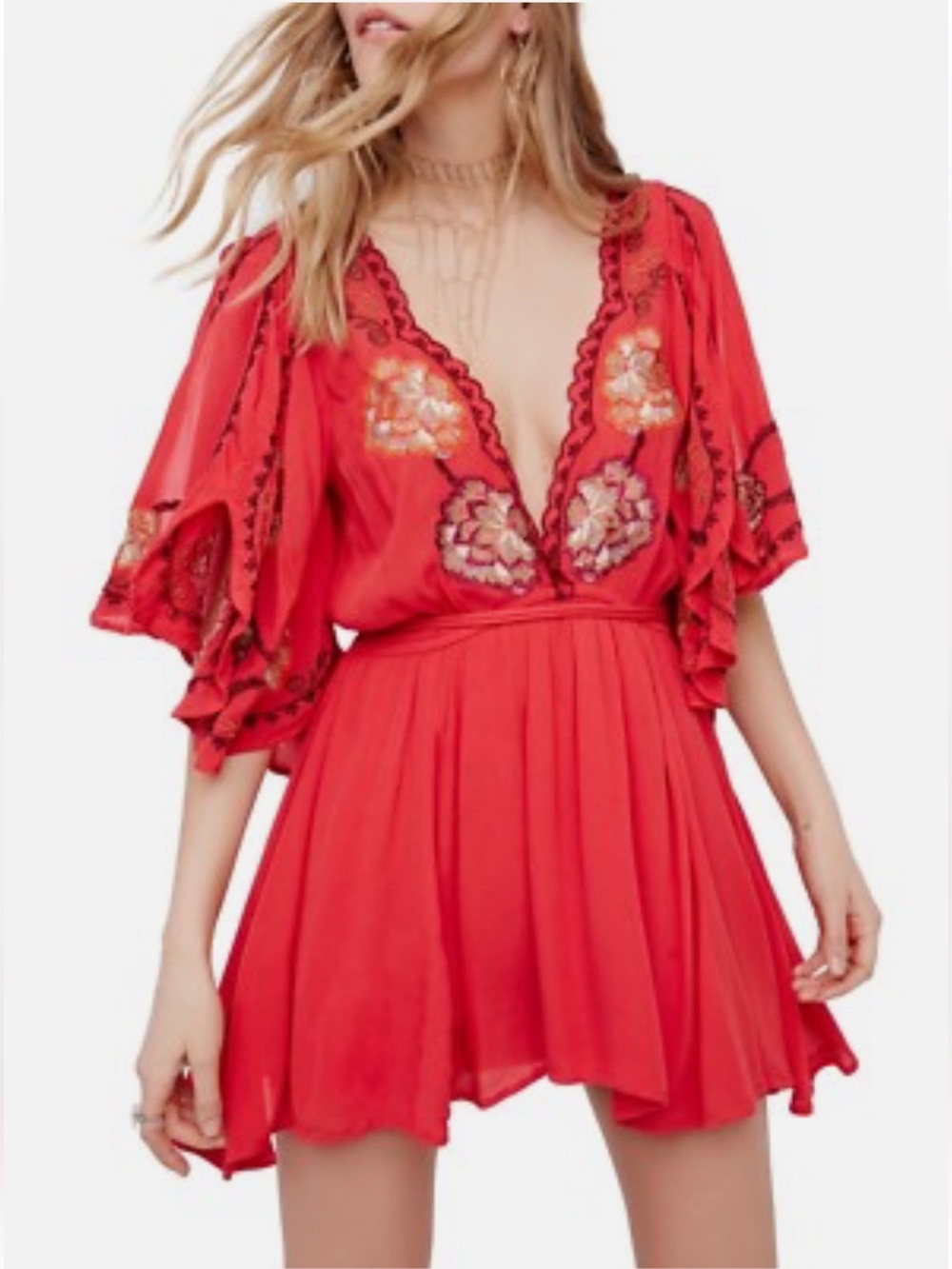 NWT Free People Orange Red Cora Embroidered Tie Waist Mini Size M